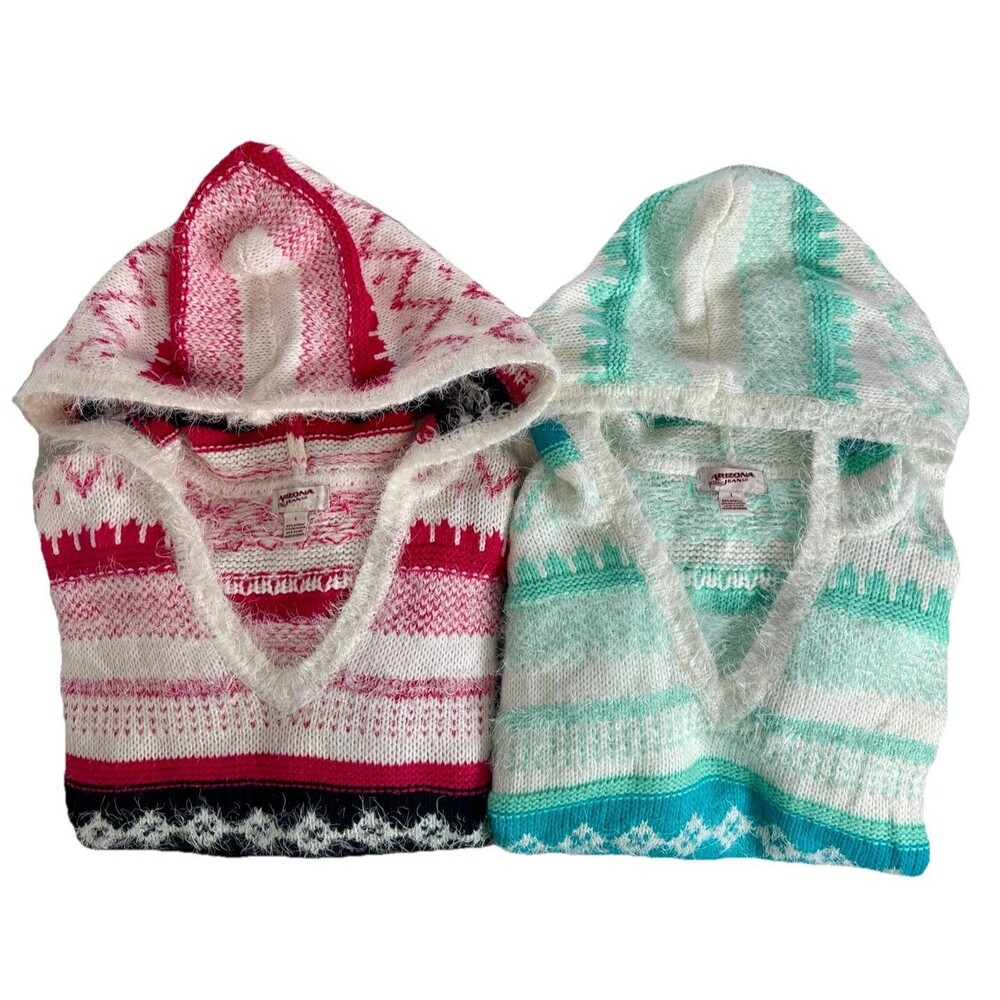 2 Arizona Women’s Fuzzy Cozy Fair‎ Isle Hooded Sweaters Y2K Cute Aztec Casual Lg